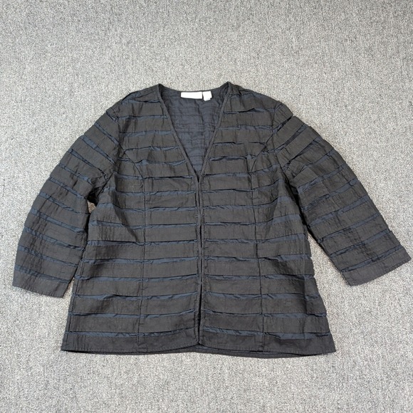 Chico's Lagenlook Tiered Ribbon Jacket Size 3 Black Cotton Linen Artsy Textured — photo 2
